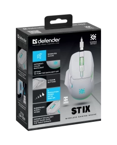 Купить Мышь Defender Stix GM-009 игровая, беспроводная,7 кнопок, 3200 dpi, 500 мАч, белая  в E-mobi