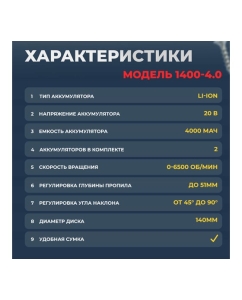 Купить Аккумуляторная бесщеточная дисковая пила MABAR с регулировкой угла и глубины пропила 1400-4.0  в E-mobi