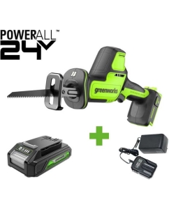 Купить Пила сабельная GreenWorks GPT-CRS-25, 24V, б/щет, 0-3000/мин, рез 80мм по дереву, LED, 1x2Ач, ЗУ, коробка 1200507VUA в E-mobi