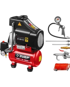 Купить Безмасляный воздушный компрессор ЗУБР набор аксессуаров, 200 л/мин, 6 л ресивер, 1500 Вт КП-200-6 Н6 в E-mobi