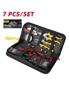 Купить Набор электрика DELI DL-C1007E-Z (мультиметр, токовые клещи, индикаторная отвертка, стриппер, ножницы, нож, изолента, батарейки, чехол) 170229  в E-mobi