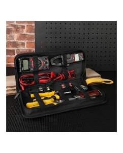 Купить Набор электрика DELI DL-C1007E-Z (мультиметр, токовые клещи, индикаторная отвертка, стриппер, ножницы, нож, изолента, батарейки, чехол) 170229  в E-mobi