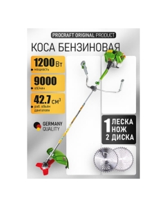 Купить Коса бензиновая двухтактная PROCRAFT 42,7 см3, 3,5 л.с. леска+2 диска+нож, неразборный вал Т4500  в E-mobi