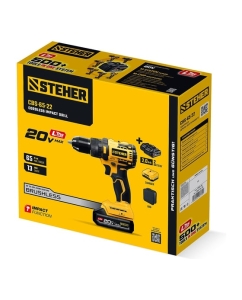 Купить Бесщеточная ударная дрель-шуруповерт STEHER 20 В, 65 Н·м, 2 АКБ LMS (2 А·ч), сумка CBS-65-22  в E-mobi
