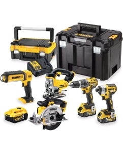 Купить Аккумуляторный набор Dewalt DCK551P3T, 18 В: дрель + шуруповерт + пила + лобзик + фонарь, с 3 АКБ 5 Ач и ЗУ, в 2 кейсах TSTAK DCK551P3T-QW в E-mobi
