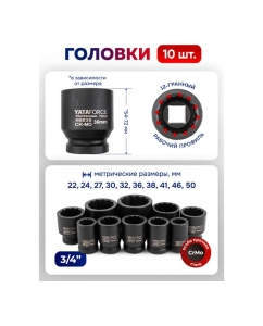 Купить Набор инструментов YATAFORCE 15 предметов, 3/4, 12граней YF-6143-9MPB(62527)  в E-mobi