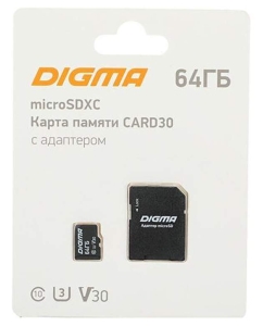 Купить Флеш карта Digma microSDXC 64Gb, Class10, CARD30+adapter, dgfca064a03 в E-mobi