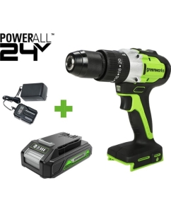 Купить Дрель-шуруповерт ударная GreenWorks GD24DD60, 24V, б/щет, 0-450/0-1700 об/мин, 30/60Нм, 1x2Ач, ЗУ, кор 3704107VUA в E-mobi