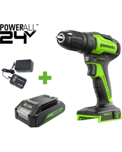 Купить Дрель-шуруповерт GreenWorks GD24DD35, 24V, б/щет, 0-380/0-1450 об/мин, 29/35 Нм, 1x2Ач,ЗУ, кор 3704007VUA в E-mobi