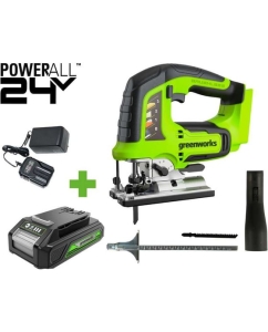 Купить Лобзик GreenWorks GD24JS, 24V, б/щет, 100мм, 800-3000/мин, 4-ст.маятник, алюмниевая подошва, LED, 1x2Ач, ЗУ, коробка 3601407VUA в E-mobi