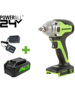 Купить Гайковерт ударный GreenWorks GD24IW400, 24V, б/щет, 0-2800об/мин, 4000уд/мин, 1/2'', 400Нм, 1x4Ач, ЗУ, коробка 3802907VUB в E-mobi