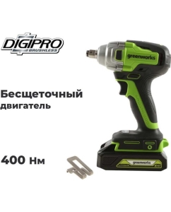 Купить Гайковерт ударный GreenWorks GD24IW400, 24V, б/щет, 0-2800об/мин, 4000уд/мин, 1/2'', 400Нм, 1x4Ач, ЗУ, коробка 3802907VUB  в E-mobi