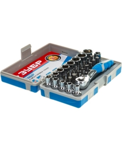 Купить Набор: биты 16шт,торцовые головки с мини трещоткой 12шт,адаптер для бит SQ 1/4"хHex 1/4",удлинитель 1/4"/80мм Зубр 26054-H31  в E-mobi