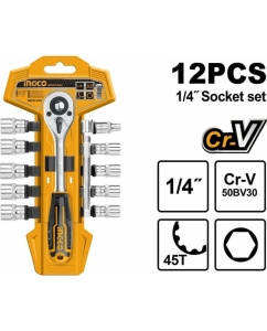 Купить Набор головок с трещоткой INGCO 1/4 12 предметов HKTS14122  в E-mobi