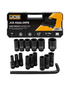 Купить Набор головок JCB ударных глубоких с Г-образным воротком 1/2 16 предметов 10, 12, 13-17, 19, 21, 22, 24, 27, 30, 32 мм. - 6 гранные, 36 мм. -12 гранные в пластиковом кейсе JCB-4166A-5MPB(60549) в E-mobi