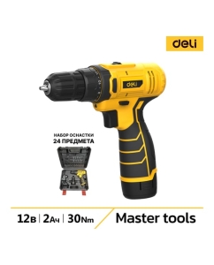 Купить Дрель-шуруповерт аккумуляторная DELI DL-DZ12-6A2 1 акб, 12В х 2Ач, ЗУ, 30Нм, набор оснастки 24 предмета, кейс 164631 в E-mobi