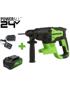 Купить Бесщеточный перфоратор GreenWorks GD24SDS2, 24В, 2 Дж, 4500уд/мин, 24 мм в бетоне, 1x4Ач, ЗУ, 3803007VUB в E-mobi